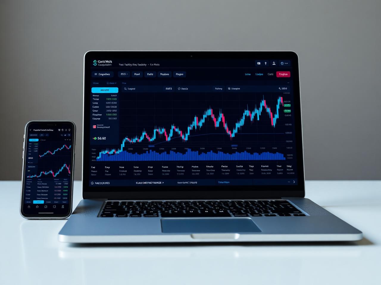 Plataforma de trading Safirion mostrada em laptop e celular